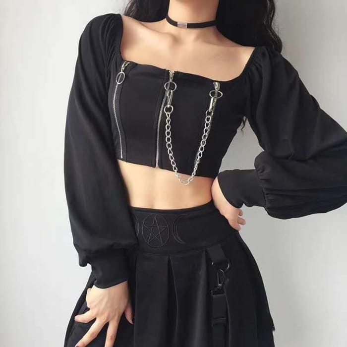 Square-Neck Plain Zip Cropped Top