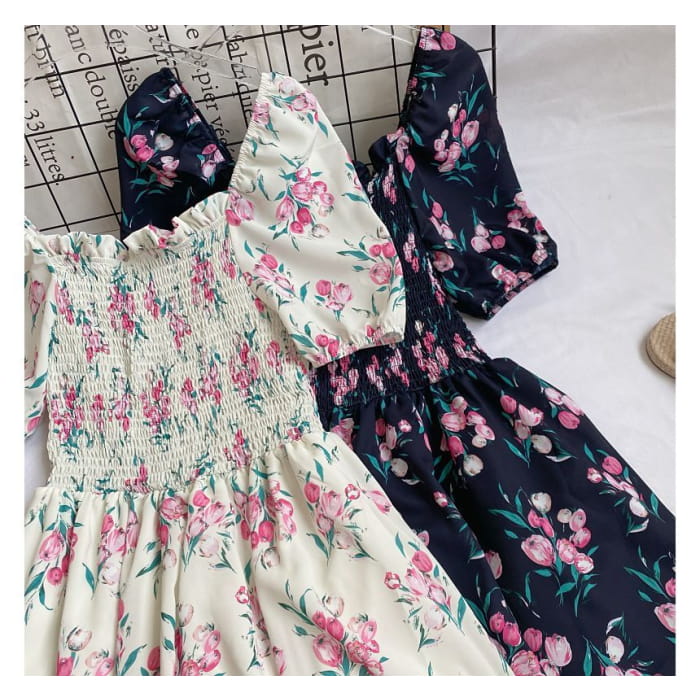 Square-Neck Puff-Sleeve Ruched Floral A-Line Dress