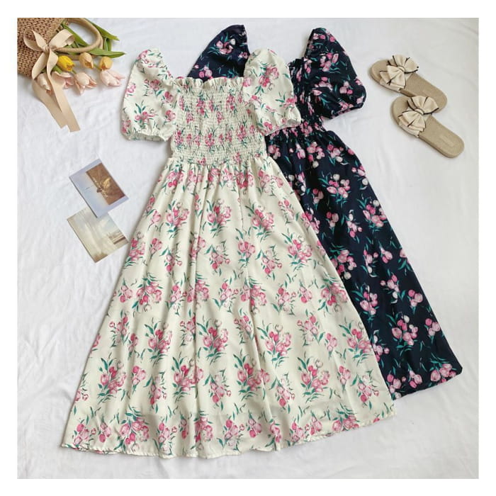 Square-Neck Puff-Sleeve Ruched Floral A-Line Dress