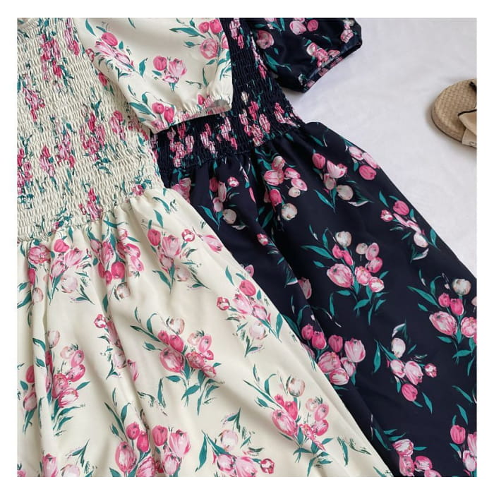 Square-Neck Puff-Sleeve Ruched Floral A-Line Dress