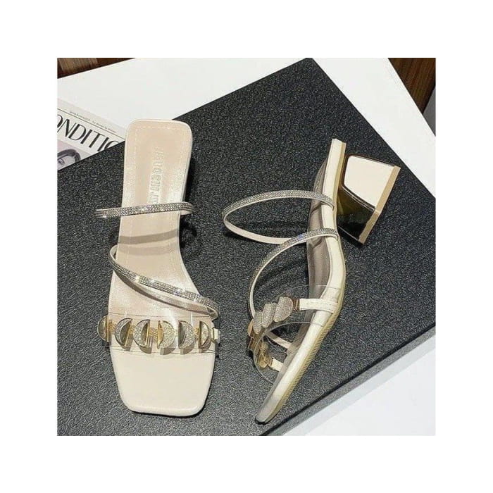 Square-Toe Block Heel Rhinestone Slide Sandals