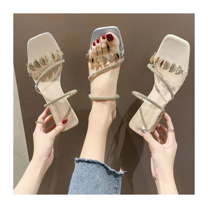 Square-Toe Block Heel Rhinestone Slide Sandals