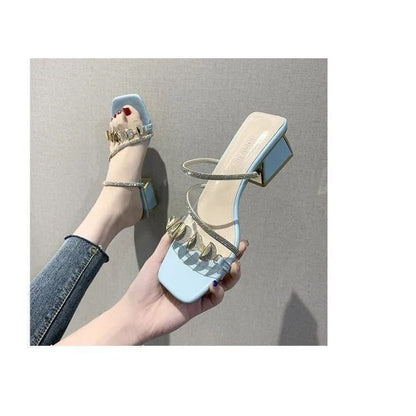 Square-Toe Block Heel Rhinestone Slide Sandals