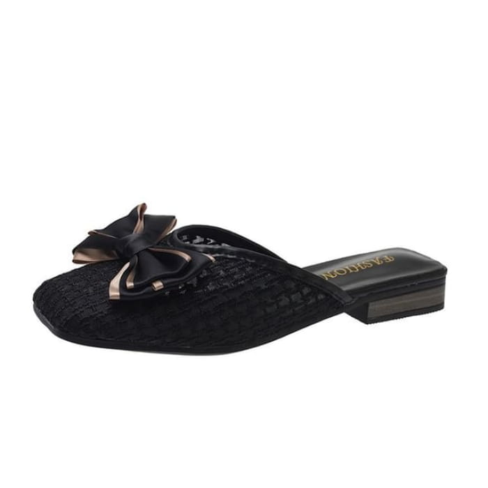 Square Toe Bow Accent Mules - Black / 35