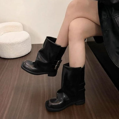 Square Toe Buckled Chunky Heel Mid-Calf Boots