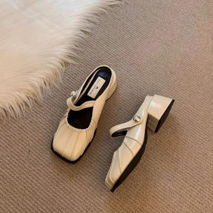 Square Toe Chunky Heel Mules - Off-White / 35