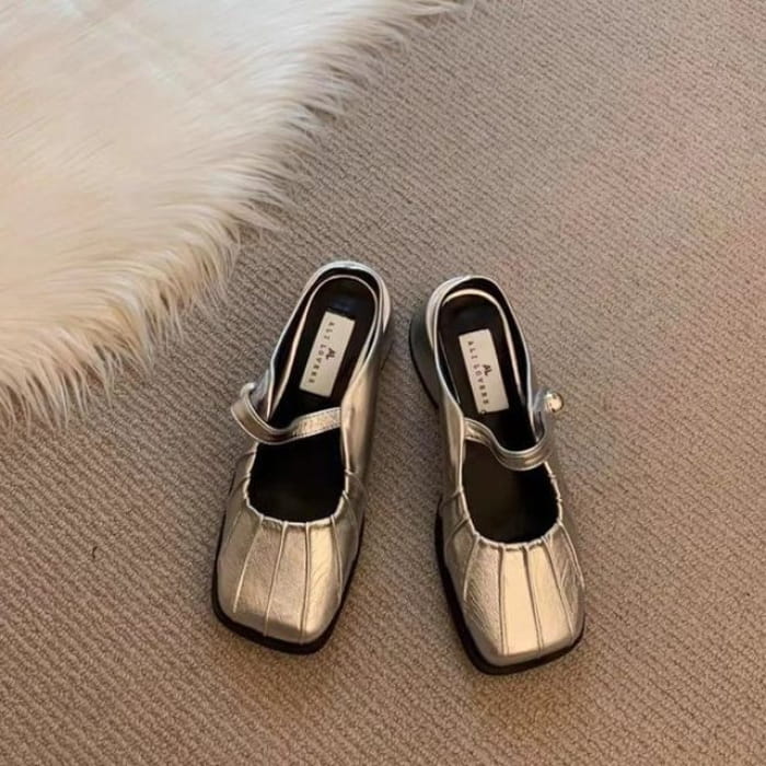 Square Toe Chunky Heel Mules - Silver / 35