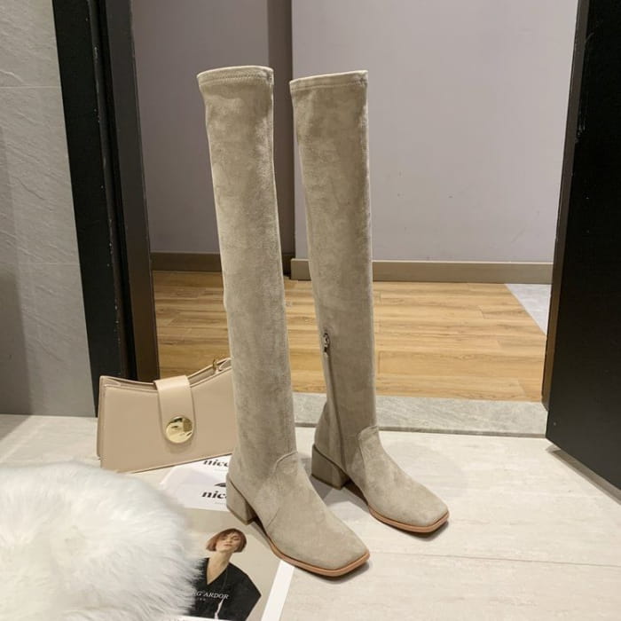 Square-Toe Chunky Heel Over-the-Knee Boots - Shoes