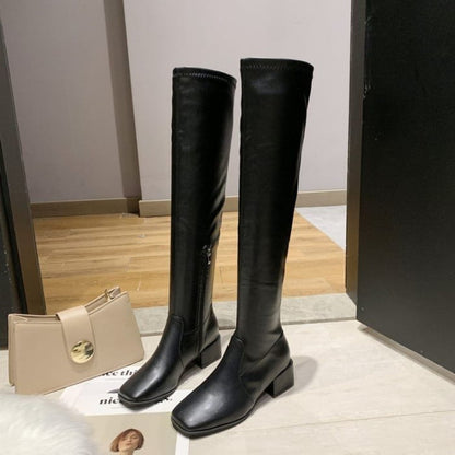 Square-Toe Chunky Heel Over-the-Knee Boots - Shoes