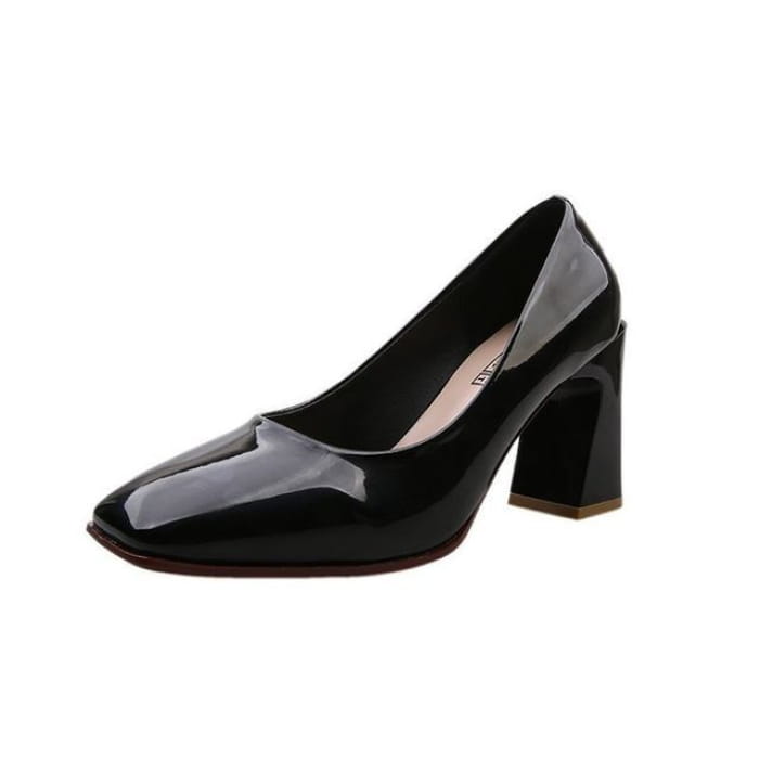 Square-Toe Chunky Heel Patent Pumps - Black / 34 - Shoes