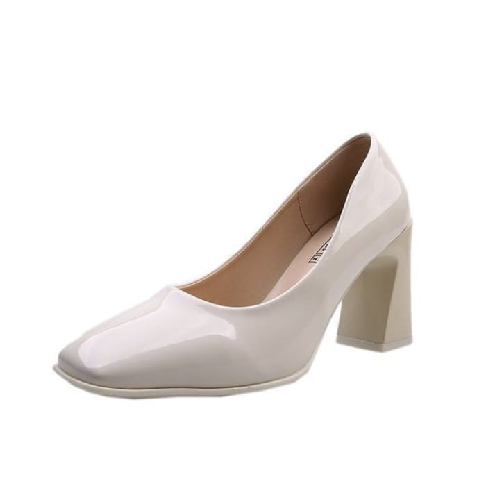 Square-Toe Chunky Heel Patent Pumps - Off-White / 34 - Shoes