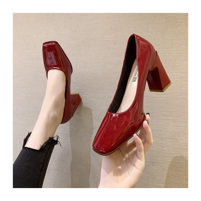 Square-Toe Chunky Heel Patent Pumps - Shoes