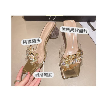 Square-Toe Rhinestone Floral Chunky Heel Slide Sandals