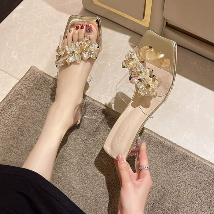 Square-Toe Rhinestone Floral Chunky Heel Slide Sandals