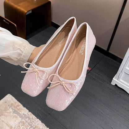 Square Toe Sequin Bow Accent Flats - Pink / 35