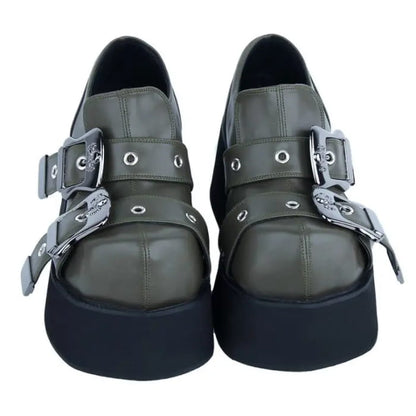 Square Toe Skull Buckled Platform Wedge Heel Loafers KP31 - 