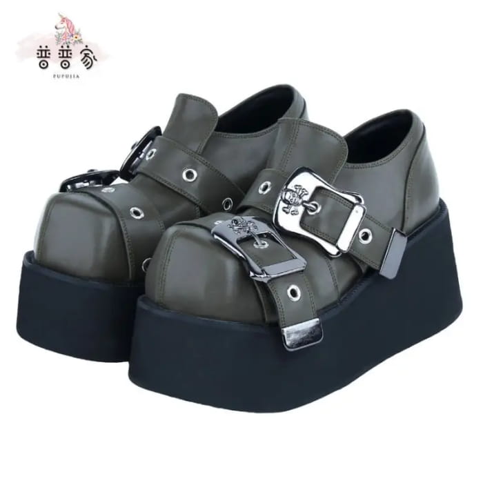 Square Toe Skull Buckled Platform Wedge Heel Loafers KP31 - 