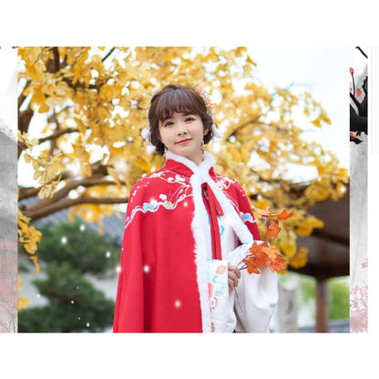 Stand Collar Floral Embroidered Fluffy Trim Tie Front Hanfu