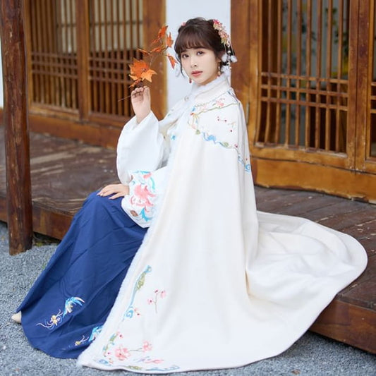 Stand Collar Floral Embroidered Fluffy Trim Tie Front Hanfu