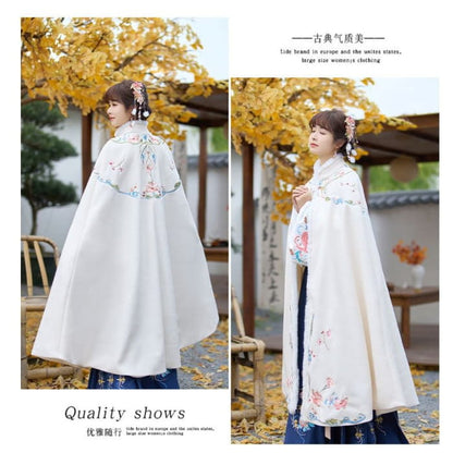 Stand Collar Floral Embroidered Fluffy Trim Tie Front Hanfu