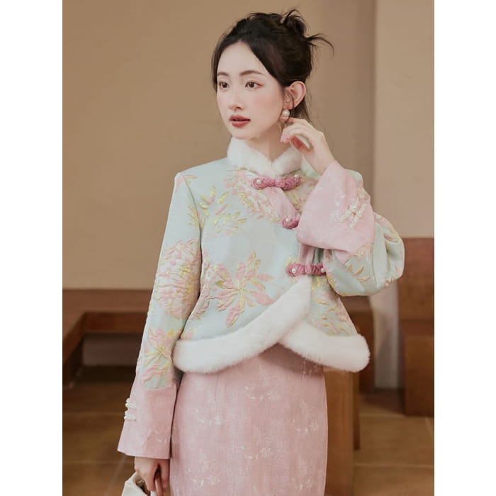 Stand Collar Floral Patterned Fluffy Panel Jacquard Frog