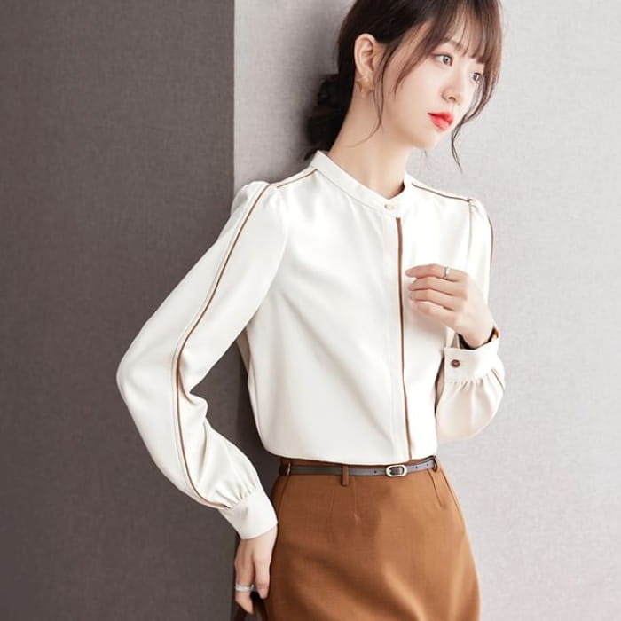 Stand Collar Piping Trim Blouse - Almond / S