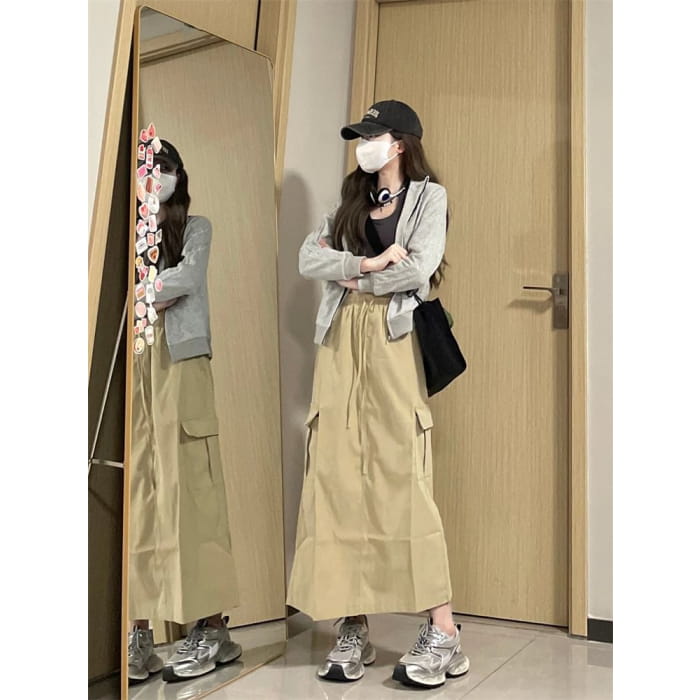 Stand Collar Plain Zip-Up Jacket / High Waist Maxi A-Line