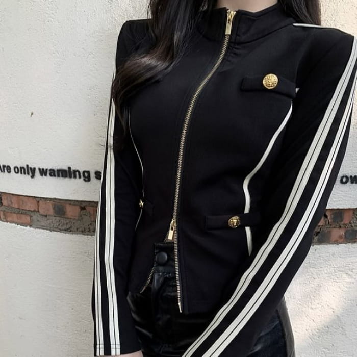 Stand Collar Striped Zip Jacket / Mid Rise Faux Leather