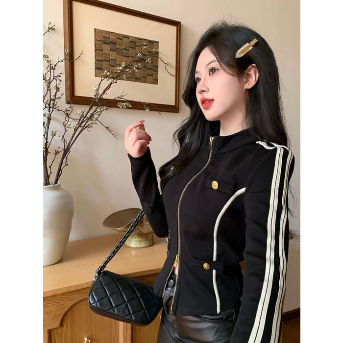 Stand Collar Striped Zip Jacket / Mid Rise Faux Leather