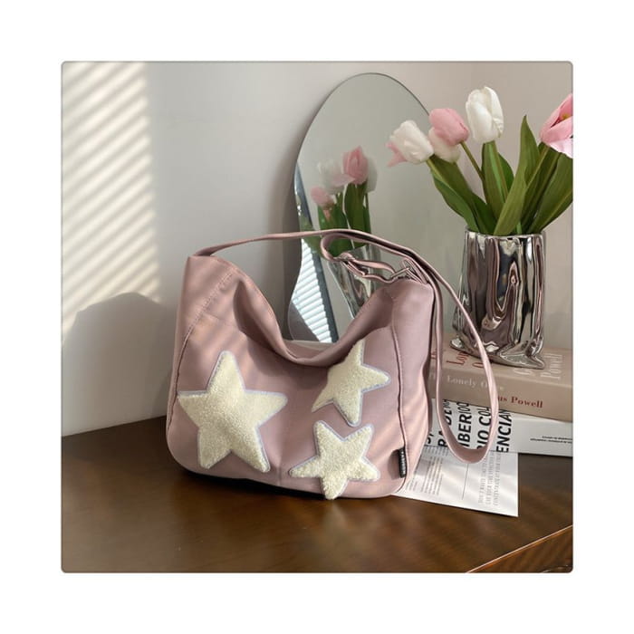 Star Applique Color Block Light Nylon Zipper Crossbody Bag