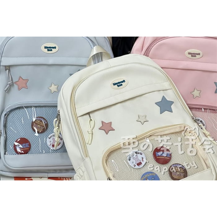 Star Applique Mesh Panel Multi-Pocket Backpack / Tote Bag