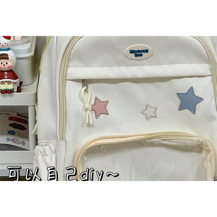 Star Applique Mesh Panel Multi-Pocket Backpack / Tote Bag