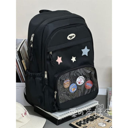 Star Applique Mesh Panel Multi-Pocket Backpack / Tote Bag