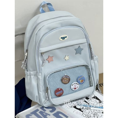 Star Applique Mesh Panel Multi-Pocket Backpack / Tote Bag