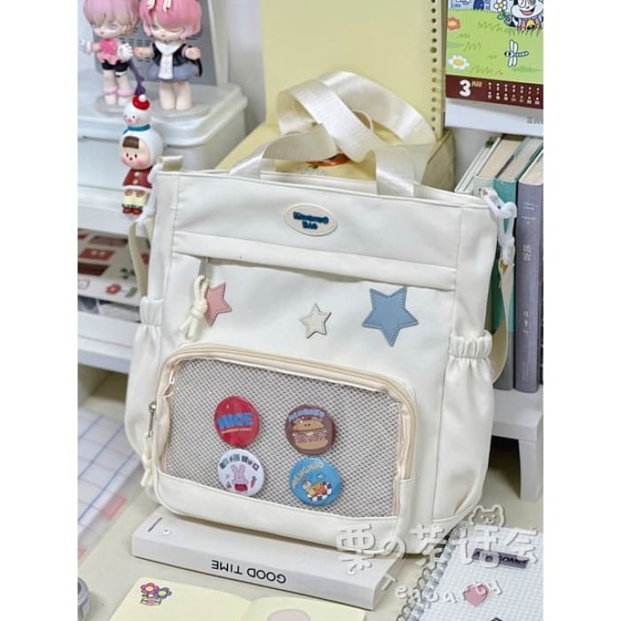 Star Applique Mesh Panel Multi-Pocket Backpack / Tote Bag