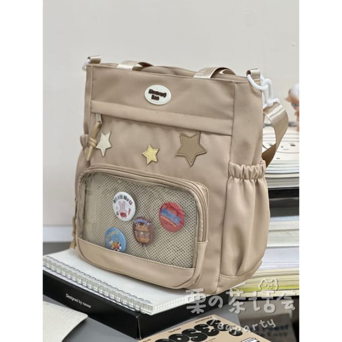 Star Applique Mesh Panel Multi-Pocket Backpack / Tote Bag