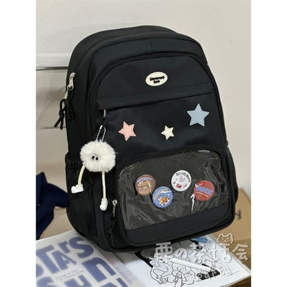 Star Applique Mesh Panel Multi-Pocket Backpack / Tote Bag