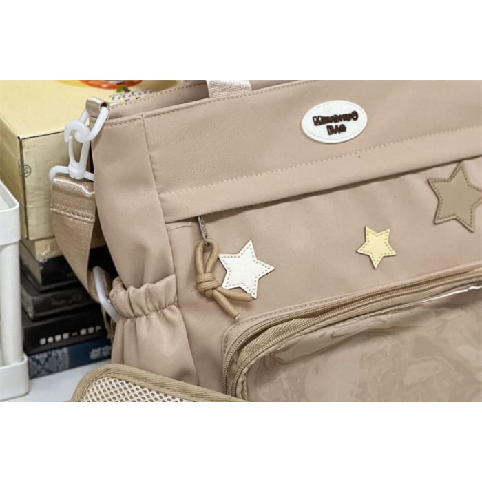 Star Applique Mesh Panel Multi-Pocket Tote Bag / Coin Purse