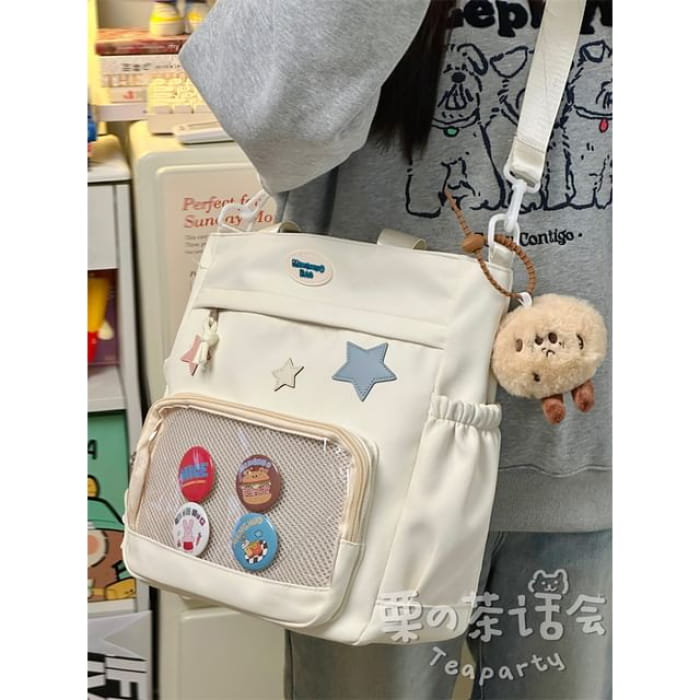 Star Applique Mesh Panel Multi-Pocket Tote Bag / Coin Purse