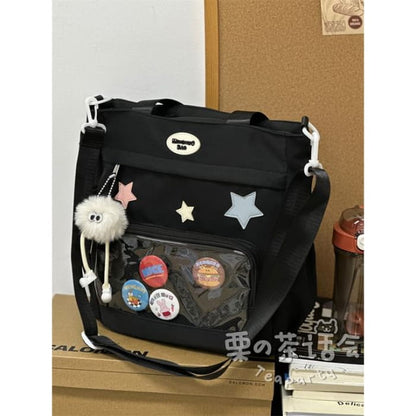 Star Applique Mesh Panel Multi-Pocket Tote Bag / Coin Purse