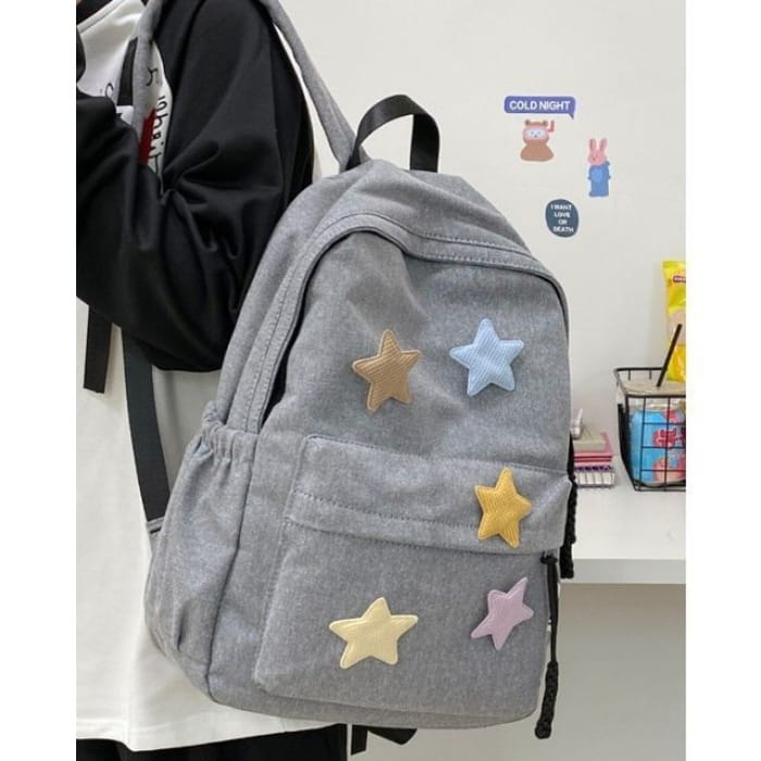 Star Applique Nylon Zipper Backpack - Gray / One Size