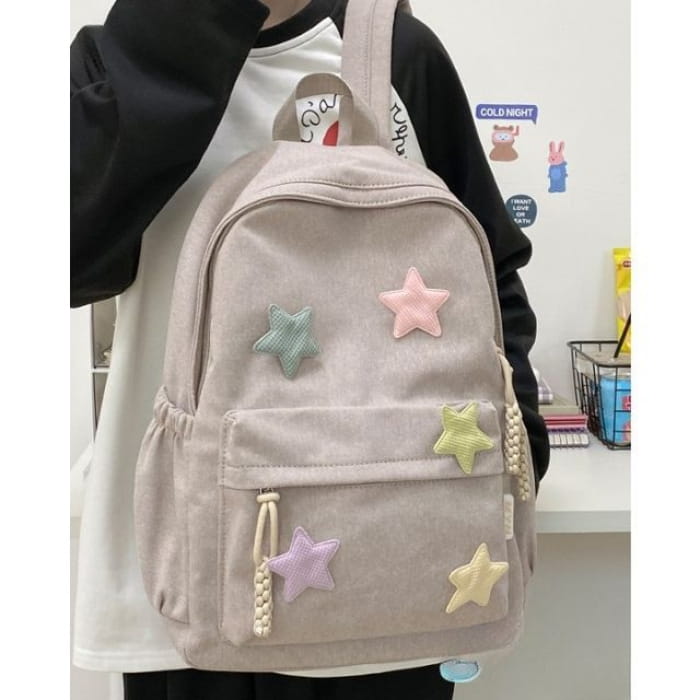 Star Applique Nylon Zipper Backpack - Pink / One Size