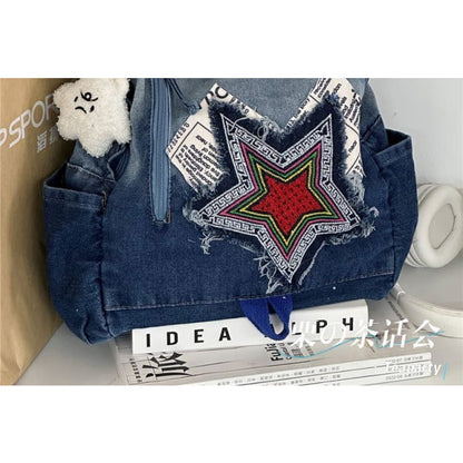 Star Applique Washed Paneled Denim Backpack - Backpacks