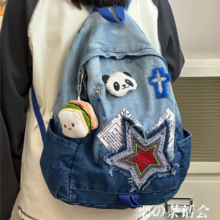 Star Applique Washed Paneled Denim Backpack - Backpacks