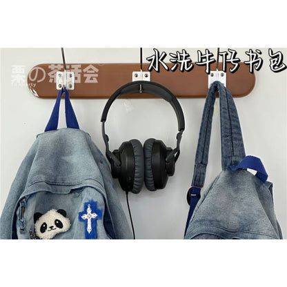 Star Applique Washed Paneled Denim Backpack - Backpacks