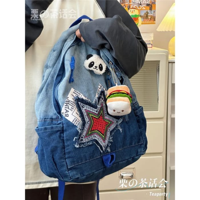 Star Applique Washed Paneled Denim Backpack - With Sandwich