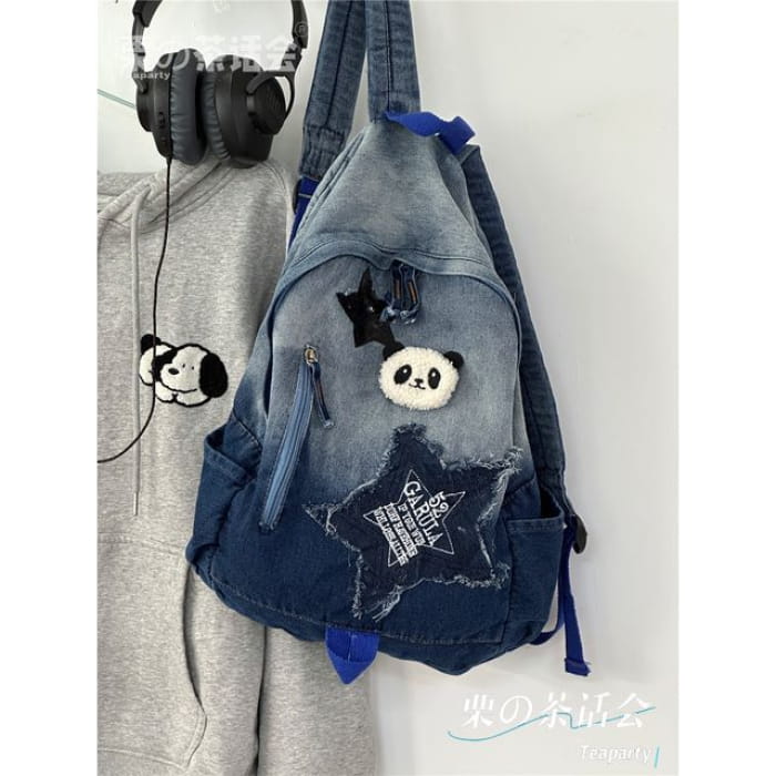 Star Applique Washed Paneled Denim Backpack - Without Bag