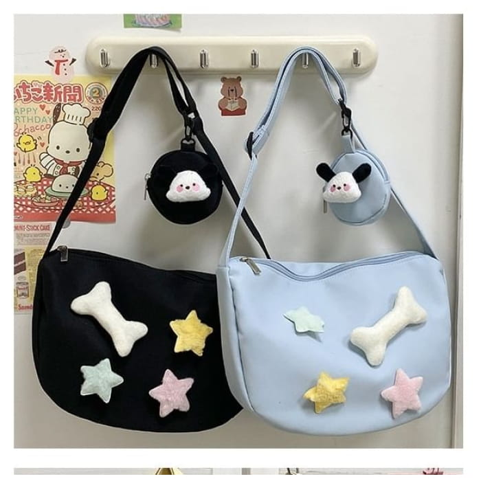 Star Badge Applique Nylon Shoulder Bag With Coin Purse