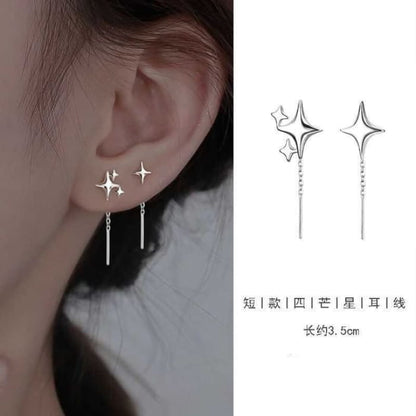 Star Ear Stud / Threader Earring - 1 Pair - Silver