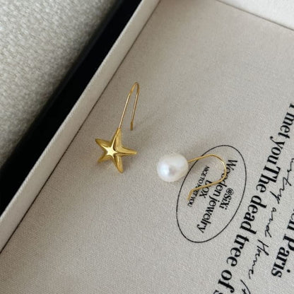 Star Faux Pearl Asymmetrical Alloy Drop Earring - EH2351